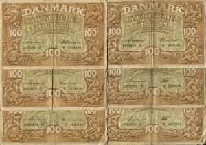 100 kr 1938, 1940, 1940, 1941, 1943, 1943, Sieg 111, DOP 126, i alt 6 stk., øvrige sedler 4 stk., samlet 10 stk.