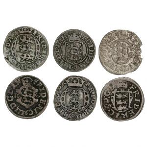 Frederik III, 2 skilling 1649, 1650, 1654, 1661, 1664, 1668, H 124, 130B, 132A,C, 140A, i alt 6 stk.