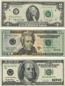 USA, 2 Dollars 1976 F, Pick 461, 20 Dollars 2004 A1, Pick 519 og 100 Dollars 1996 B2, Pick 503, i alt 3 stk. stjernesedler