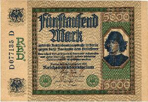 Tyskland, 5000 Mark Reichsbanknote 1922, Rosenberg 76