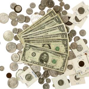 USA, samling af diverse 1, 5 cents, dimes, 14, 12 og 1 Dollar mønter, bl.a. 1 cent 1853, 5 cents 1867, 1896, 1 dollar 1893 Columbian Exhibition, med flere
