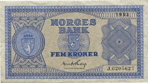 Norge, 5 kr 1953J, nr. 6205627, Erik Thorp, NP 13B