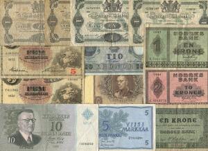 Lille samling pengesedler fra Finland, Norge, Island og Sverige med enkelte bedre sedler iblandt, bl.a. Norge, 5 og 10 kr 1942, i alt 35 stk.