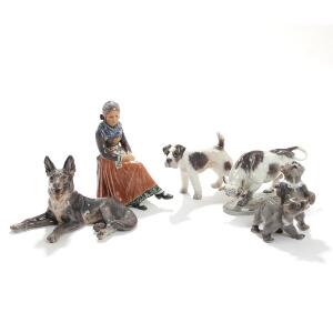 Jens Peter Dahl-Jensen Amagerpige, schæferhund, fox terrier, to bjørne og tyr. Fem figurer af porcelæn. H. 13-22,5. L. 14-25. 5