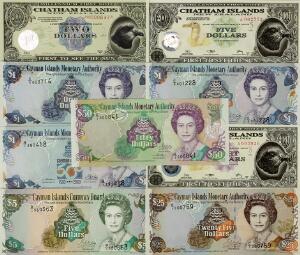 Cayman Islands, lille lot forskellige, nyere ucirkulerede sedler 6 stk. samt Chatham Islands, 2, 5, 8 Dollars 2001, i alt 9 stk.
