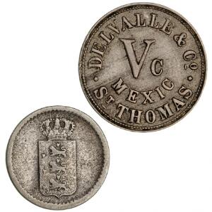 Dansk Vestindien, Delvalle  Co., 5 Cents u. år, Sieg 13, Higgie 414, kval. 1 10 Skiling dansk amerikansk mynt 1845, H 14, KM 16, kval. 1-1. 2