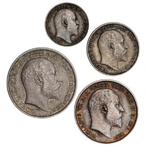 England, Edward VII, Maundy Set 1902, 4, 3, 2, 1 Pence i sølv