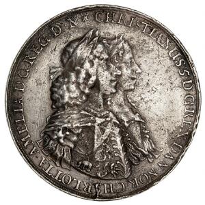 Christian V, 1670-1699, Kongeparret 1672, G 115, reversen med fremstilling af kongens valgsprog, Pietate et Justitia, ældre afstøbning i Ag, 56 mm, 48,25 g