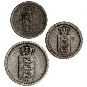 Dansk Vestindien, Dansk Amerikansk Mønt, 2 skilling 1837, 1848, H 12, 18 samt 10 skilling 1845, H 14, i alt 3 stk. i varierende kvaltiet