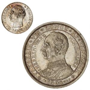 10 øre 1911, H 5, Tronskiftet, 2 kroner 1906, H 3, pæne mønter, i alt 2 stk.