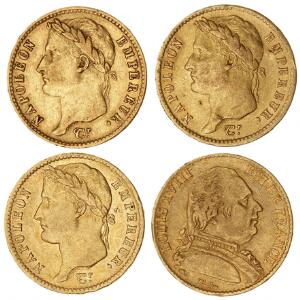 Frankrig, Napoléon Bonaparte, 1804-1814, 20 Francs 1809A, 1810A, 1812A, F 511. Louis XVIII, 20 Francs 1814A, F 525. 4