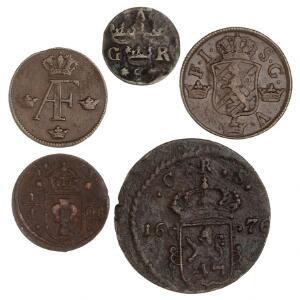Sverige, lot på 5 kobbermønter, 17.-18. århundrede, inkl. Fyrk 1627, SM 167 - enårgangstype