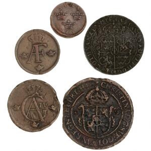 Sverige, lot på 5 kobbermønter, 17.-19. århundrede inkl. 12 øre 1627, SM 131