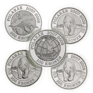 Polarmønter, 100 kr 2007 Isbjørn 3, 2008 Sirius, 2009 Nordlys, Sieg 1A, 2A og 3A, i alt 5 stk.