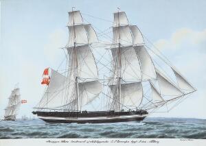 Jacob Petersen, efter Fire plaketter af porcelæn, dekorerede i farver med skibe. Bing  Grøndahl. nummerede. 38 x 30 cm. med ramme. 4