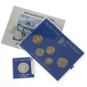 Norge, Oscar II, 2 kroner 1887, nypræg samt Harald V, møntsæt 1995, medaillepræg