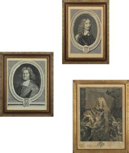 Anon sculp., 18. årh. Adelige portrætter. Tre kobberstik i forgyldte rammer med kanneleringer og perlestaf. Bladstørrelse 34 x 26 - 50 x 38. 3