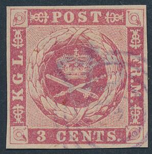 1866. 3 cents, rosa. Sjældent mærke med stumt stempel i BLÅVIOLET FARVE