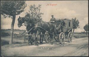 Pr. Expres. Postvognen i fart. 1908. Lille knæk i hjørnespids