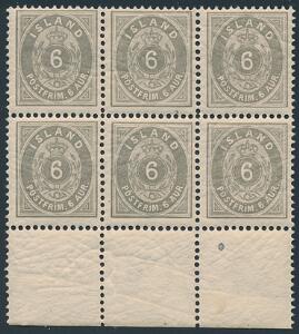 1896. 6 aur, grå. Tk.12. Postfrisk 6-BLOK. Facit 3150