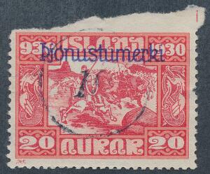 1930. Tjeneste. Altinget, 20 aur, rød. UTAKKET FOROVEN. Nummerstempel 193 . Sjældent