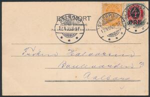 1904. 48 øre, grårød med variant PLET I POSTHORN samt Våben, 1 øre, orange på brevkort fra Skørping 17.4.05. AFA 1200