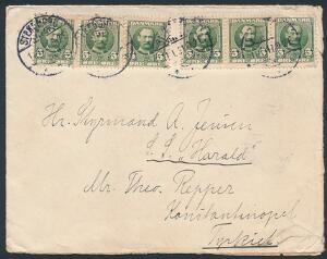 1907. Fr. VIII, 5 øre. 6 stk på brev fra Silkeborg 11.1.11 til S.S. HARALD i KONSTANTINOPEL