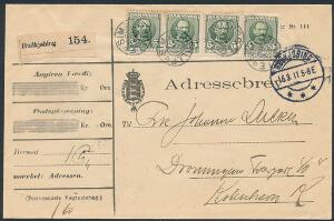1907. Fr. VIII, 5 øre, grøn. 4-stribe på adressebrev med stjernestempel SIMMERBØLLE. Pragtkvalitet. Skilling 200