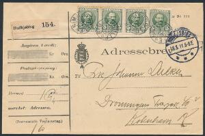 1907. Fr. VIII, 5 øre, grøn. 4-stribe på adressebrev med stjernestempel SIMMERBØLLE. Pragtkvalitet. Skilling 200