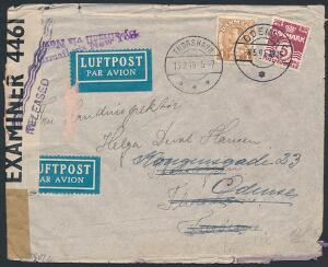 1941. Luftpostbrev frankeret med i alt 105 øre, sendt fra Odense 8.5.41 til Thorshavn. Både tysk og engelsk censur. Tilbageholdt og først frigivet efter krigen