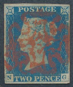 England. 1840. Two penny, blue. N-G. Et meget smukt mærke med pæne rande og velplaceret rødt Maltese-cross stempel. SG £ 850