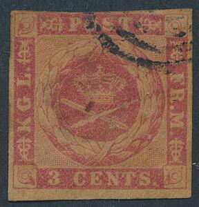 1866. 3 cents, rosa. Plade II. Interessant mærke med brun gummiering 