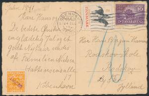1941 på postkort med 10 øre strafporto, orange annulleret med violet liniestempel LØGTEN