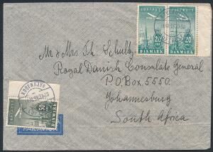 1934. Luftpostbrev med i alt 90 øre, sendt fra København 14.10.38 til JOHANNESBURG, SOUTH AFRICA
