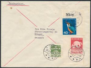 1963. Bølgelinie, 10 øre, grøn og Røde Kors, 305 øre, rød på Søndagsbrev fra Tyskland 28.6.63 til Dragør