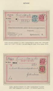 1875-1884. 8 øre, grårød og Våben, 20 øre, blå. Udstillingsplanche med 2 adressekort fra Rønne til København. SUPERB kvalitet