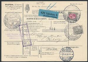 1926. Chr. X. 2 kr. grårødlilla samt 20 øre, Karavel, grå. God frankering på adressekort sendt til FINLAND.