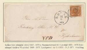 1863. 4 sk. brun. Brev fra Rønne til København. Antiquastempel RØNNE 14.6