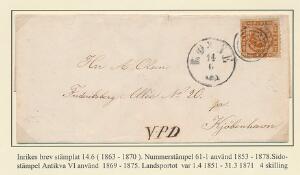 1863. 4 sk. brun. Brev fra Rønne til København. Antiquastempel RØNNE 14.6