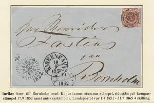 1852. 4 RBS Thiele I. Plade II. Brev fra København 18.9.1852 til Bornholm annulleret med stumt stempel. 3 forskellige sidestempler Kjøbenhavn 17-18-19.9.1852