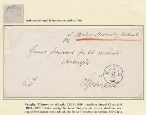 1869. Tjenestebrev fra RØNNE 21.11.1869 til Kjøbenhavn. Påtegnet Bedes Navnlig Karteret. Sjældent