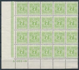 1926. Porto. 7 øre, gulgrøn. Postfrisk nedre marginal 20-BLOK. AFA 6400