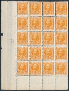 1912. Fr. VIII, 35 øre orange. Postfrisk nedre marginal 20-BLOK. Undervurderet i AFA 1200