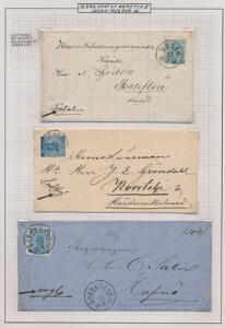 1858. 12 Öre, blå. Udstillings-planche med 3 pæne breve med påtegninger.