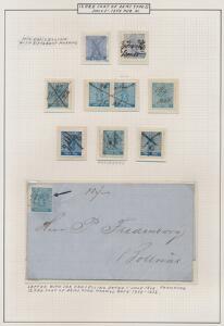 1858. 12 Öre, blå. Udstillings-planche med 9 enkeltmærker samt brev, alle med BLÆK-ANNULERING.