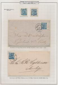 1858. 12 Öre, blå. Udstillings-planche med 2 mærker og 2 breve med Jernbanestempler.