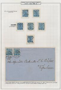 1858. 12 Öre, blå. Udstillings-planche med 6 smukke mærker samt brev.