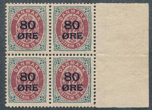 1915. 8012 øre, grårød. 4-BLOK med OMVENDT VANDMÆRKE, med 3 postfriske mærker. Sjældent på denne udgave. AFA 3000 for 4 ubrugte mærker og uden pris for pos