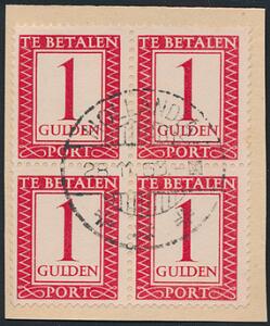 Hollandsk New Guinea. Porto. 1953. 1 Gulden, rød. Stemplet 4-BLOK på lille klip. Sjælden. Kun 1089 mærker blev brugt af dette mærke ifølge