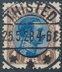 1921. Chr. X, 1 kr. brunblå tp. II. LUX-stempel THISTED 25.5.28